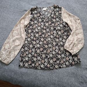 Grace & Emma Women's Sz Sm Long Sleeve BOHO Floral Tunic Black & Green EXCELLENT